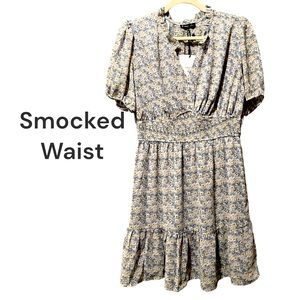 VERY J NWT Mini Dress DUSTY BLUE reminiscent of 1960’s, beautiful smocked bodice